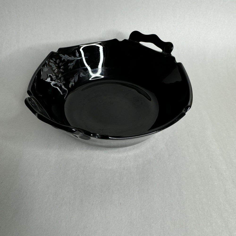 Vintage 6" Black Amethyst Glass Tab Handle Art Decor‎ Serving Bowl LE Smith